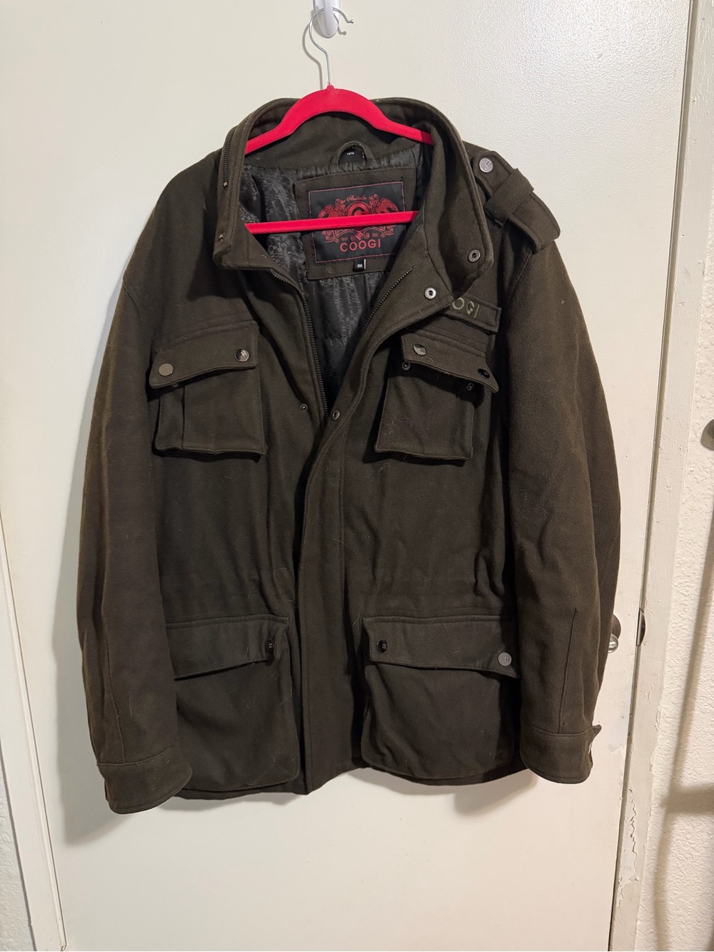 COOGI Men's Dark Olive Military Field Jacket with Utility Pockets
